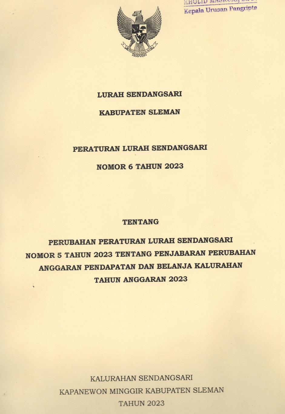 Peraturan Lurah Sendangsari  Nomor 6 Tahun 2023