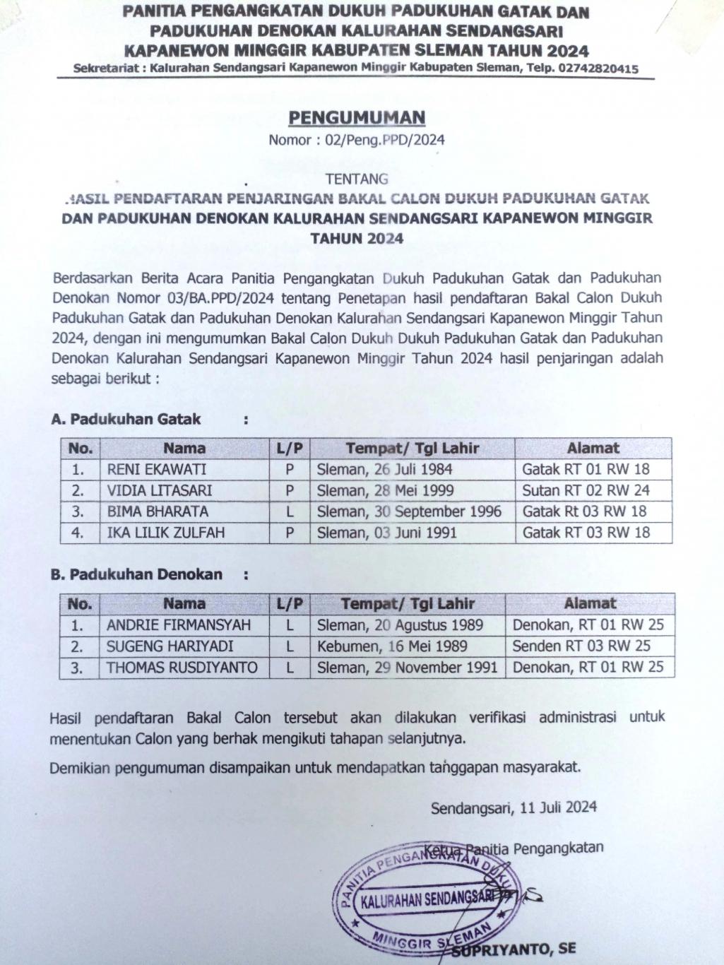 Hasil Pendaftaran Penjaringan Bakal Calon Dukuh Padukuhan Gatak dan Padukuhan Denokan