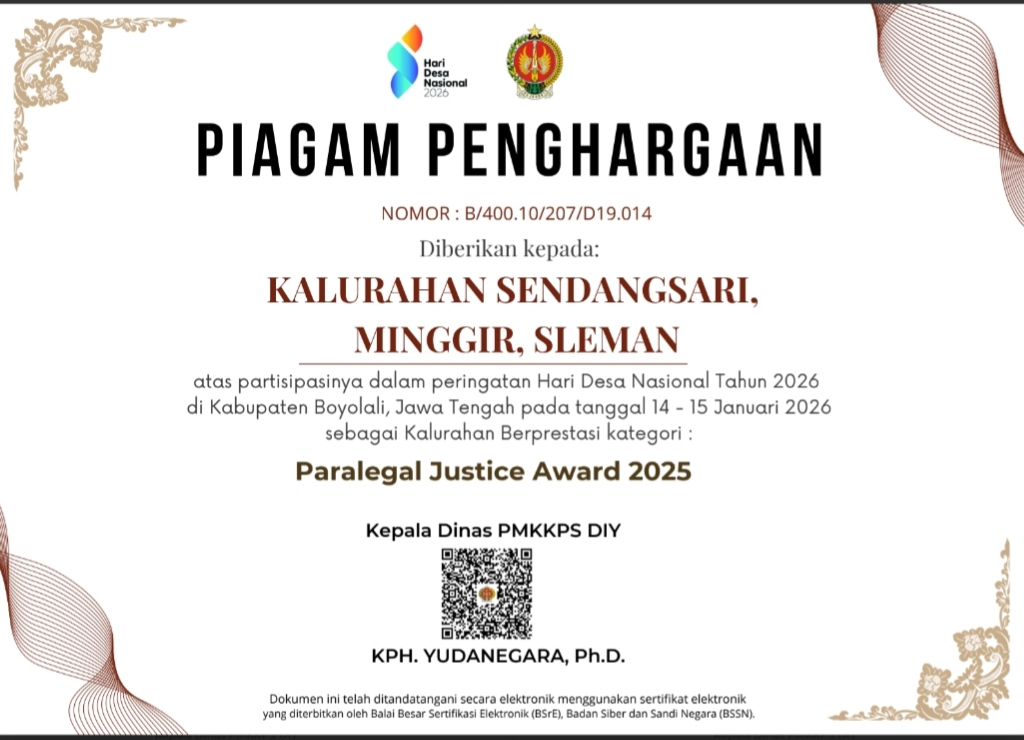 KALURAHAN SENDANGSARI MENDAPATKAN PENGHARGAAN KALURAHAN BERPRESTASI DALAM PERINGATAN HARI DESA NASIONAL