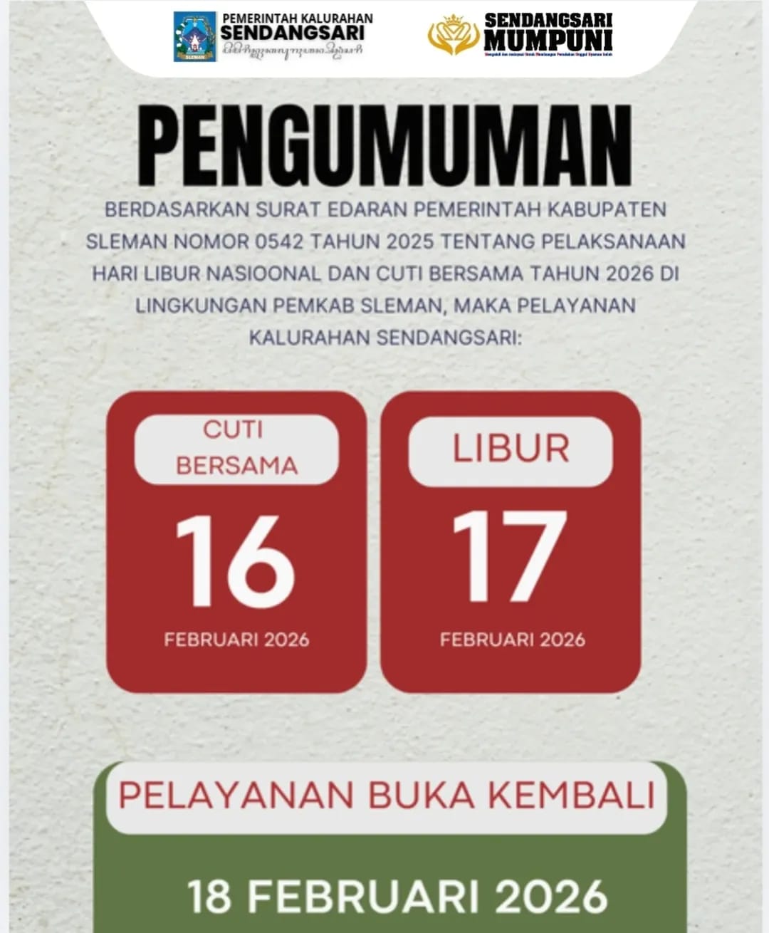 PENGUMUMAN CUTI BERSAMA DAN LIBUR
